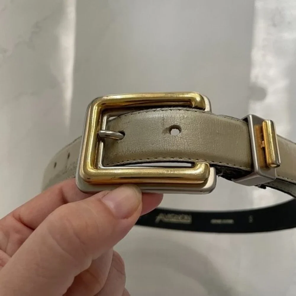 Vintage Creamy Metallic Leather Belt Mixed Metals Gold Silver Buckle - Small